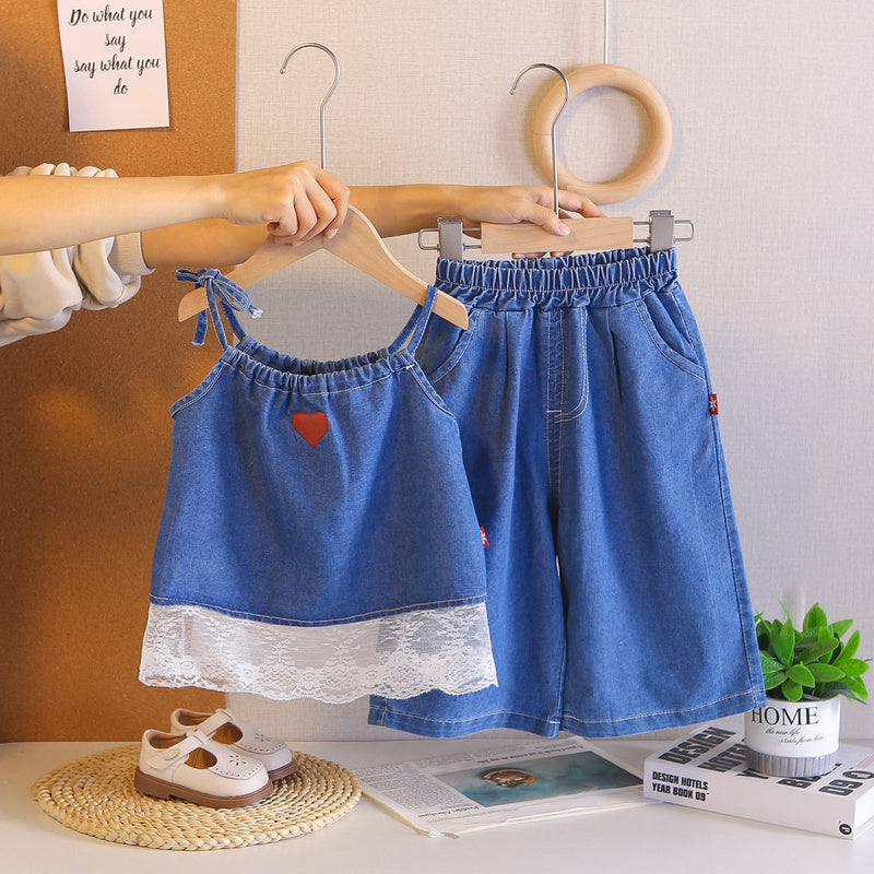 Girls' outfit new stylish toddler baby drawstring suspender denim shorts two-piece thin summer set