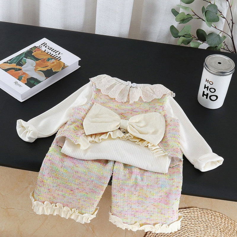 Girls' 2026 New Fashionable Children's Vest Autumn Outfit for Baby Girls with Colorful Dots, Lace, and Pockets Three-Piece Set