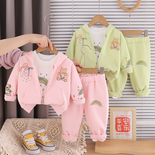 Girls' Outfit 2026 New Fashionable Rainbow Rabbit Hoodie Three-Piece Set Baby Spring Clothes Infant Trendy