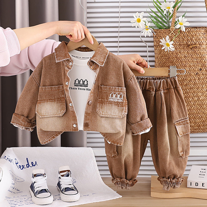 Boys' Outfit 2025 New Style 4: Stylish Children's Little Tree Denim Three-Piece Set Spring and Autumn, Trendy for 1-Year-Old Babies