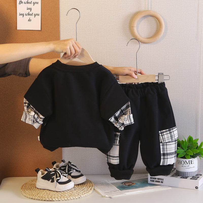 Boys' outfit stylish and fashionable letter necklace two-piece set baby spring trendy sweatshirt toddler clothing children's wear