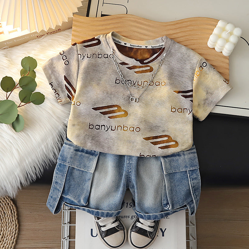 Baby Boy Outfit 2026 New Children's Clothing Boys' Summer Short-Sleeve Letter Print Two-Piece Set Trendy