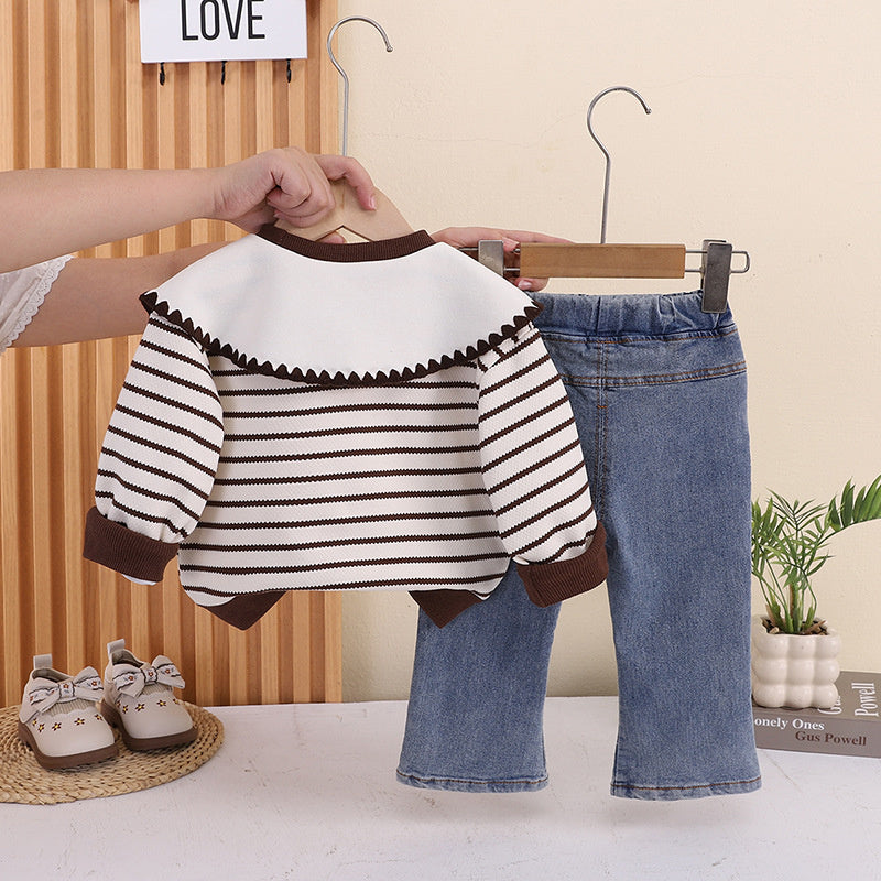 Girls' Spring and Fashionable Outfit 2026 New Baby Girl Striped Turn-down Collar Long Sleeve Autumn Clothes Infant Korean Style Trendy