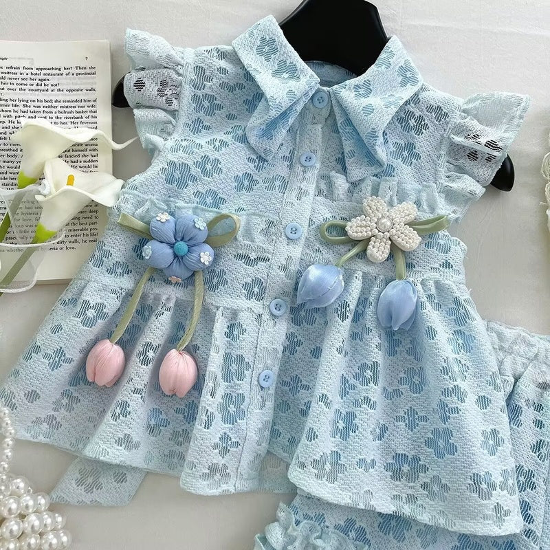 Summer Girls' Outfit 2025 New Floral Vest Top and Lace Shorts Two-Piece Set for Baby Girls Princess