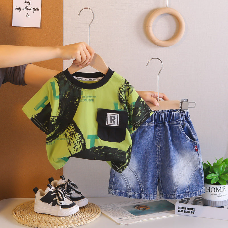 Boys' outfit 2026 new stylish baby letter pocket short-sleeve handsome infant summer two-piece set