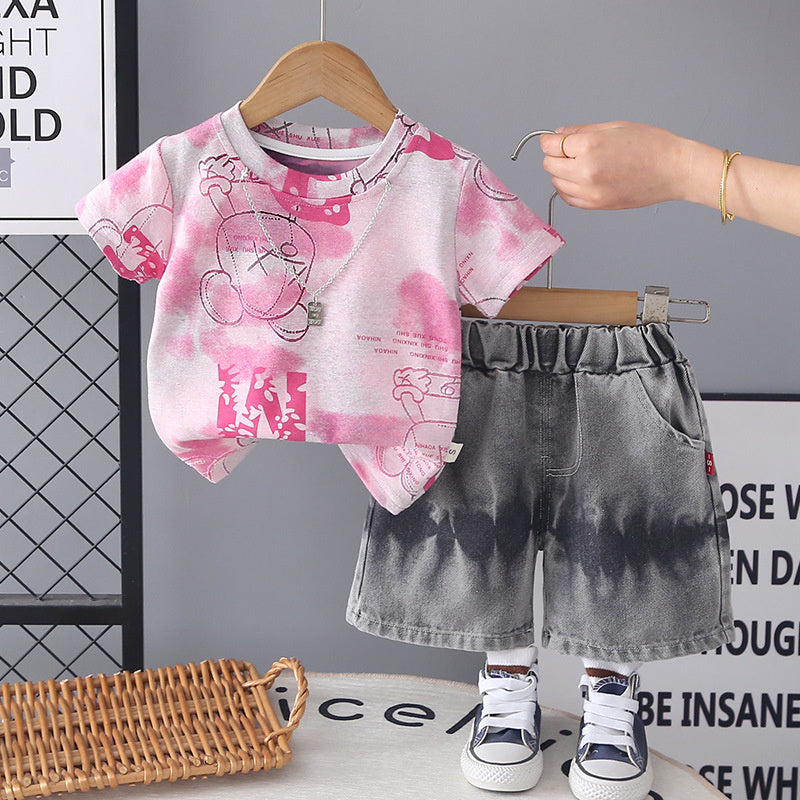 Baby clothes summer thin style children's clothing necklace two-piece set stylish cartoon short-sleeve outfit for one-year-old boy