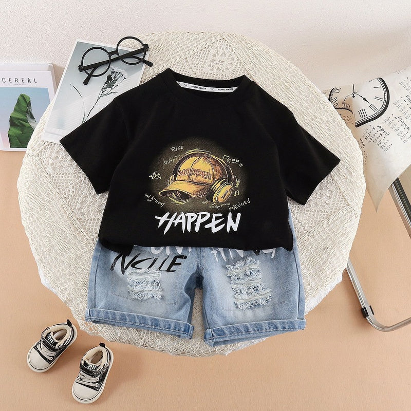 Children's clothing for boys, summer outfit 2026, Korean style, infant and toddler hat, headphones, short-sleeved stylish two-piece set