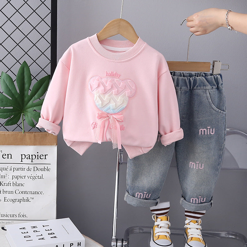 Girls' Outfit 2024 New Fashionable Baby Girl Spring and Autumn Sweet Bear Two-Piece Set Children's Sweatshirt