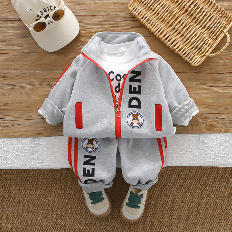 Boys' Outfit: Stylish Round-Logo Bear Three-Piece Set, Fashionable and Trendy Baby Spring Clothes for Toddlers