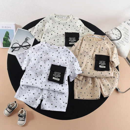 Boys' Outfit with Star Print Short Sleeve 2026 New Fashionable Two-Piece Set for Children's Summer Casual Wear