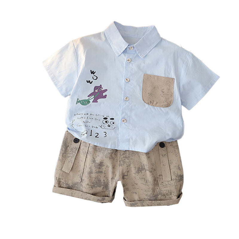 Stylish baby boy outfit for 1-5 year olds, summer two-piece set with a cute cat print short-sleeve shirt and collar