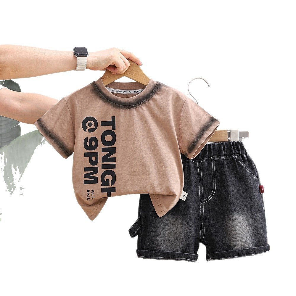 Boys' Outfit 2026 New Style Infant Summer Baby Boy Round Neck Letter Print Short Sleeve Two-Piece Set Trendy