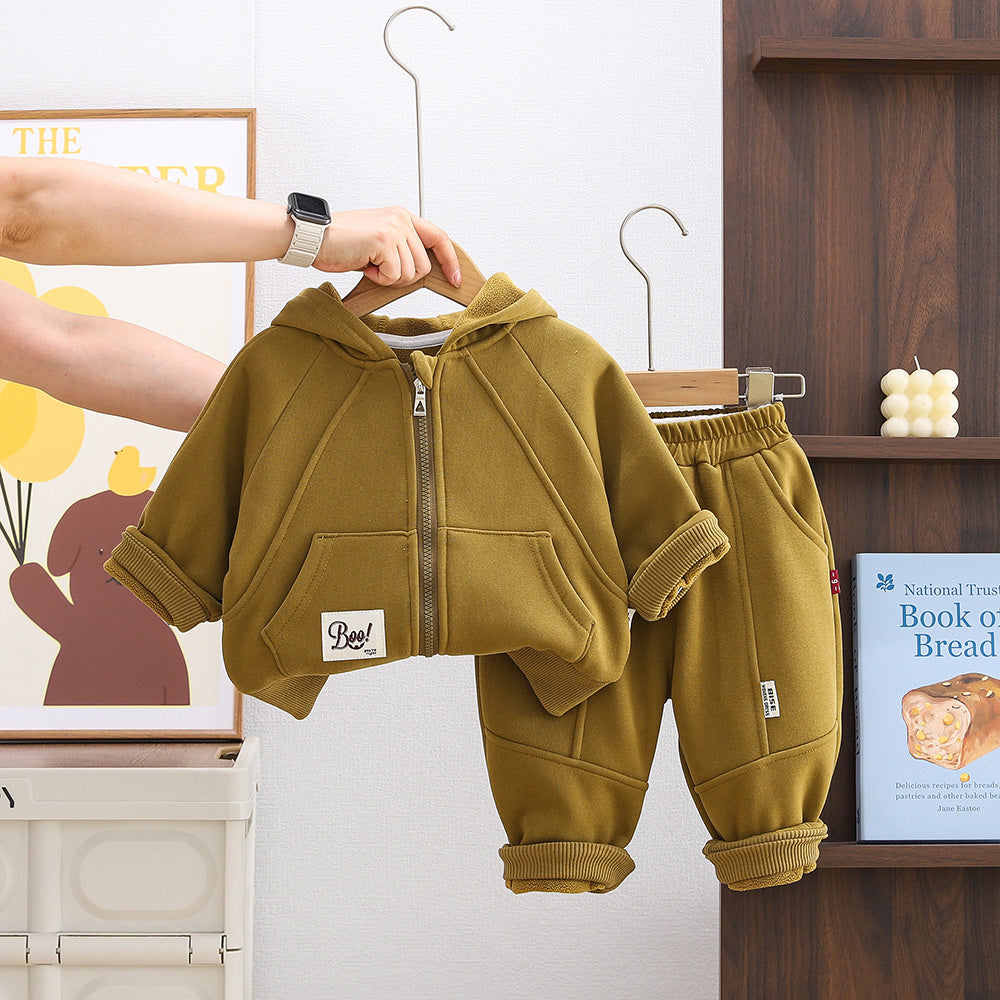 Fleece-Lined Suit 2025 Stylish New Children's Boys' Autumn Winter Solid Color Zipper Two-Piece Set Trendy