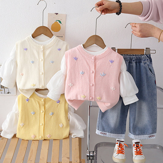 Girls' Outfit for and Autumn 2026 New Fashionable Children's Spring Clothing Baby Girl Floral Sweater Vest Three-Piece Set