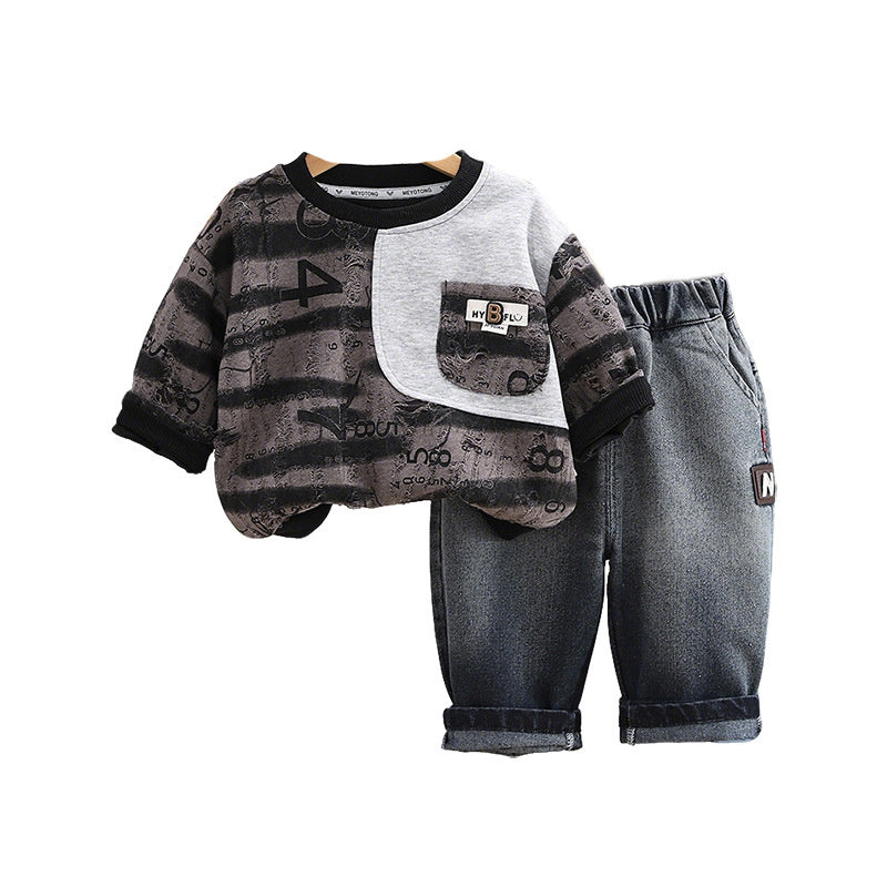 Children's Clothing Boys' Outfit 2026 New Stylish Baby Long Sleeve Striped Ripped Two-Piece Set for Kids Spring and Autumn