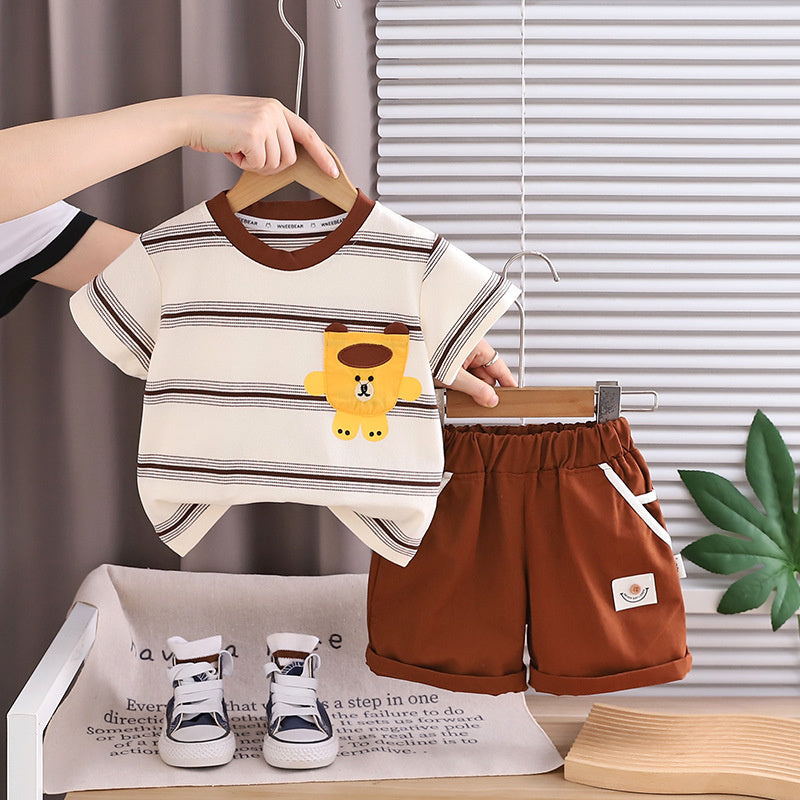 Children's Summer Outfit 2026 New Model Young Boys, Striped Bear Head Round Neck Short Sleeve Two-Piece Set with Shorts for Boys