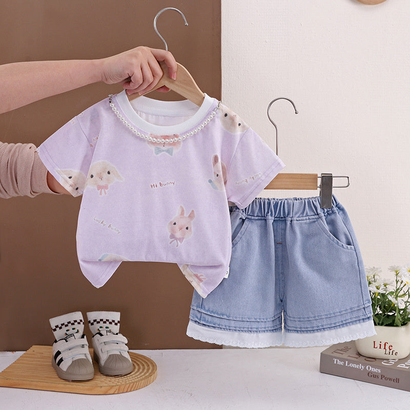 Baby Girl Outfit 2026 New Children's Clothing Thin Full-Print Bunny Short Sleeve Shorts Girls' Summer Wear