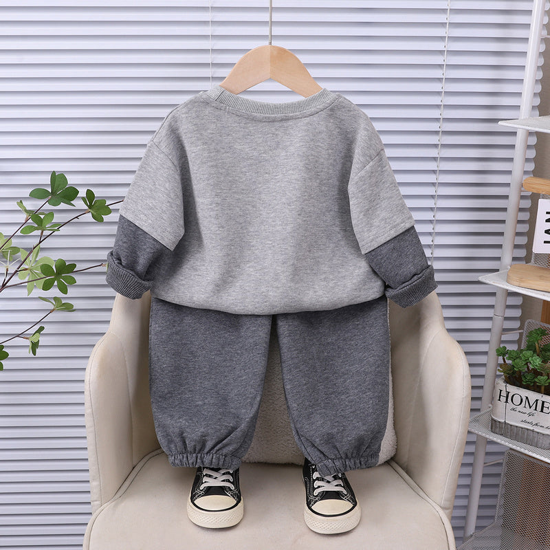 Boys' Fashionable Cartoon Kitten Patchwork Sleeve Sweatshirt Two-Piece Set Baby Autumn Stylish Infant Children's Clothing