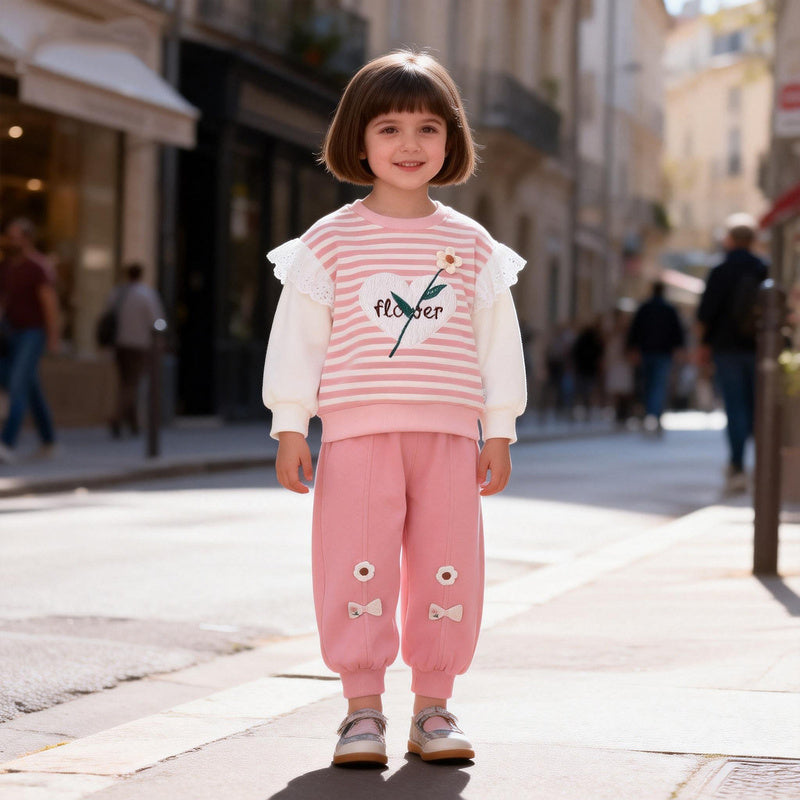 Girls' Striped Heart Flower Sweatshirt Set 2026 New Spring and Autumn Fashionable Baby Children's Casual Long Sleeve Two-Piece Outfit