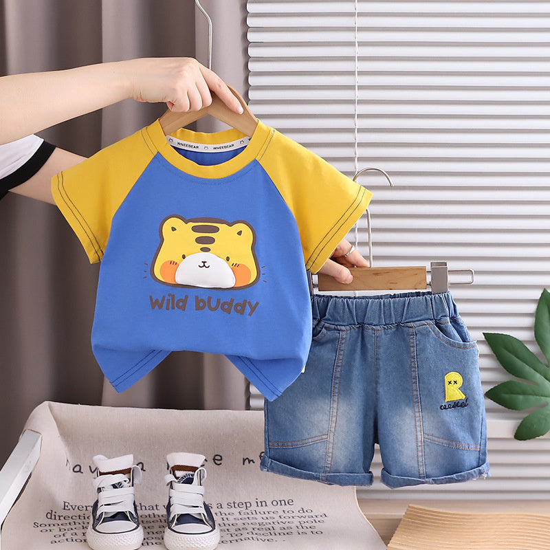 Boys' Outfit 2026 New Korean Style Children's Baby Color-Block Cartoon Short-Sleeve Shorts Two-Piece Summer Fashion Set
