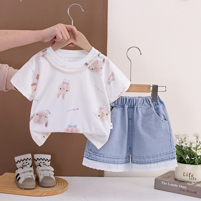 Baby Girl Outfit 2026 New Children's Clothing Thin Full-Print Bunny Short Sleeve Shorts Girls' Summer Wear
