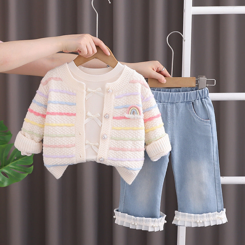 Girls' Outfit Spring and Autumn Colorful Sweater Cardigan Three-Piece Set Stylish for 2-Year-Old Girls 1-Year-Old Baby Girl Clothes