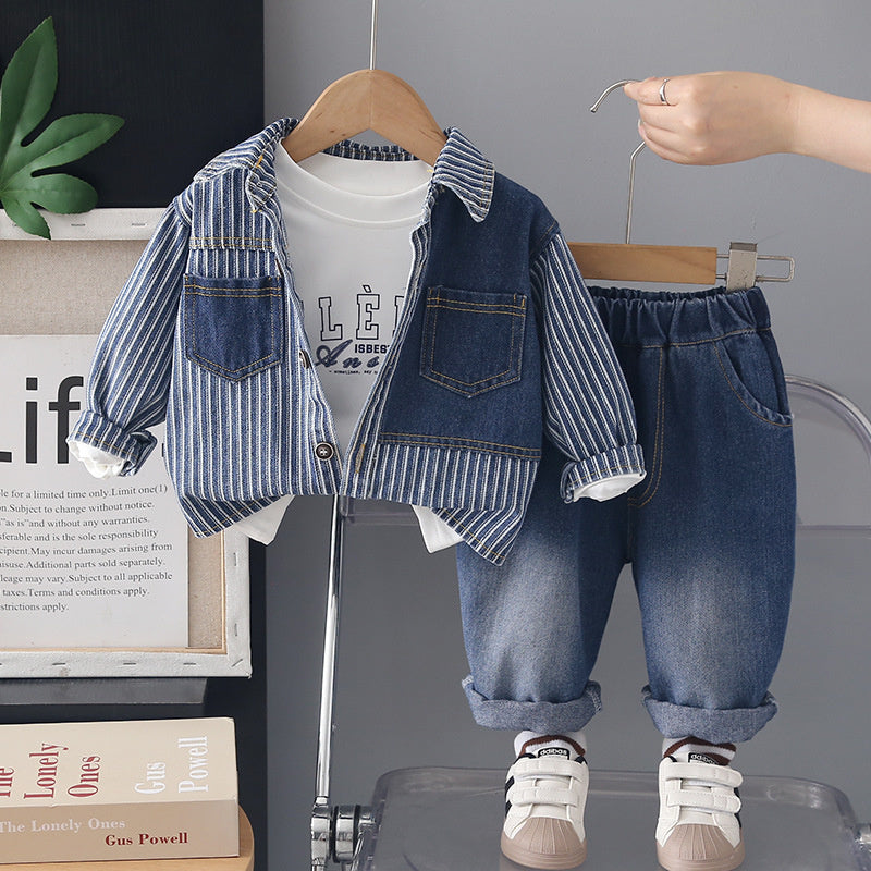Boys' Spring Denim Vertical Stripe Patchwork Jacket 2026 Autumn New Korean Style Cool and Stylish Baby Boy Three-Piece Set