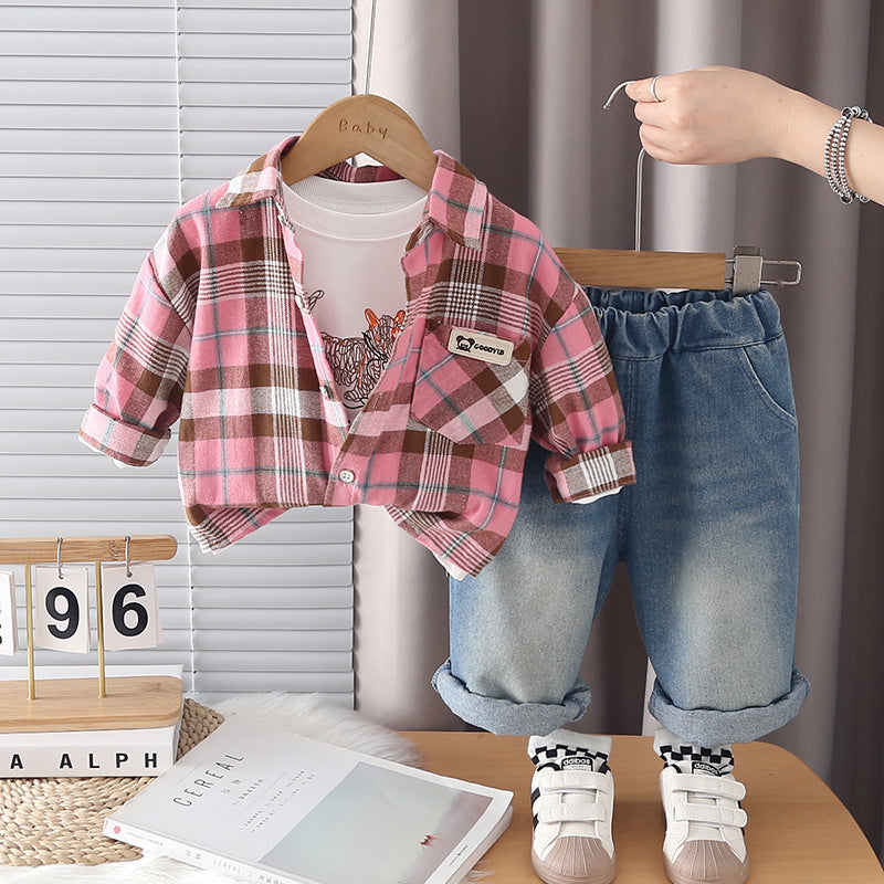Boys' Fashionable Outfit 2026 New Children's Casual Plaid Shirt Three-Piece Set Baby Spring and Autumn Clothes