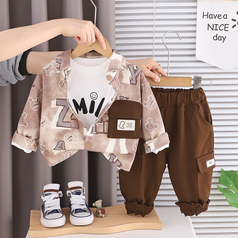Baby outfit set, children's boy infant clothing, stylish boys' spring and autumn single-pocket letter three-piece set