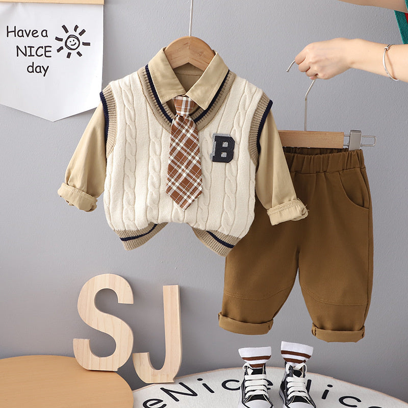 Boys' Autumn Outfit with Tie B-Line Sweater Three-Piece Set 2023 New Style for 1-2-4 Year Olds Casual Fashionable Children's Clothing
