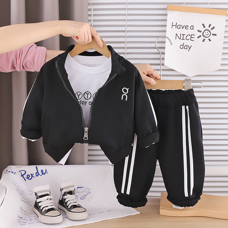 Boys' Summer Spring Outfit New 2026 Baby Clothing Stylish Solid Color Zipper Jacket Three-Piece Set Trendy Wholesale