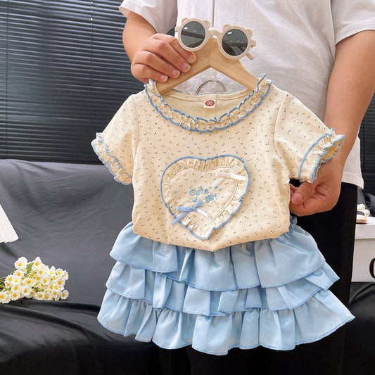 24060 Girls' Summer New Children's Clothing 2024 Baby Girl Heart-Shaped Floral Print Puffy Cake Skirt Two-Piece Set