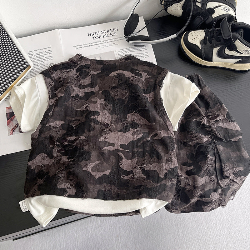 Boys' Outfit 2026 New Fashionable Short-Sleeve for Children, Stylish Baby Summer Letter Print Fake Three-Piece Set