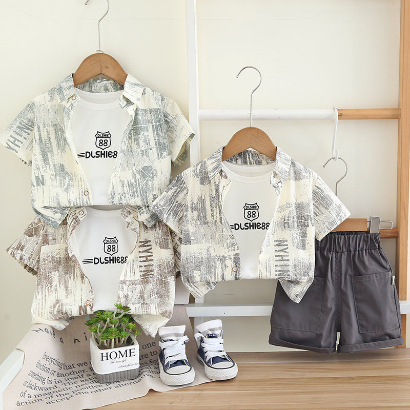 Boys' Summer Outfit 2026 New Model Children's Short-Sleeve Graffiti Letter Shirt Three-Piece Set for Boys 1-3 Years Old Trendy