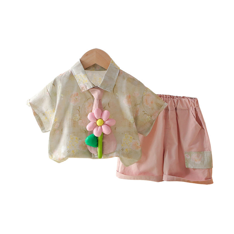 Boys' Summer Outfit 2026 New Style 1-2-3 Years Old, Stylish Floral Tie Shirt Short Sleeve Two-Piece Set for Children