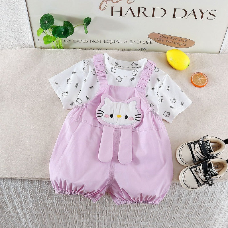 Children's Short-Sleeve 2026 New Summer Cartoon Kitten Overalls and Shorts Two-Piece Set for Girls