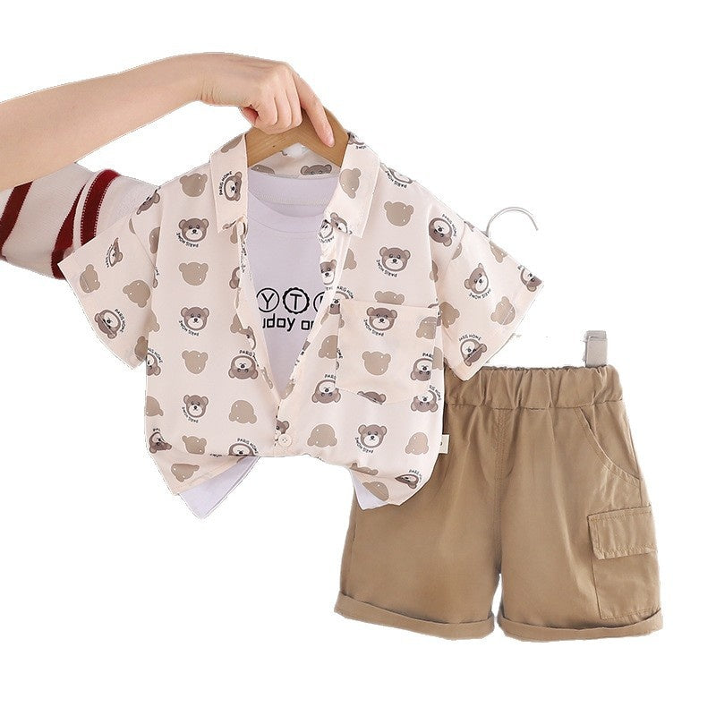 Boys' Summer Full-Print Bear Head Short-Sleeve Shirt Set, Thin Children's Clothing for One-Year-Old Baby Boys