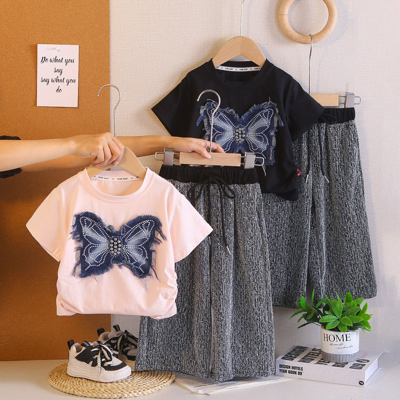 Girls' Outfit 2026 New Fashionable Children's Stylish Baby Girl Summer Dress with Butterfly Rhinestone Short Sleeve Two-Piece Set