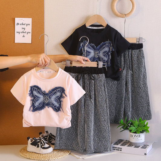 Girls' Outfit 2026 New Fashionable Children's Stylish Baby Girl Summer Dress with Butterfly Rhinestone Short Sleeve Two-Piece Set