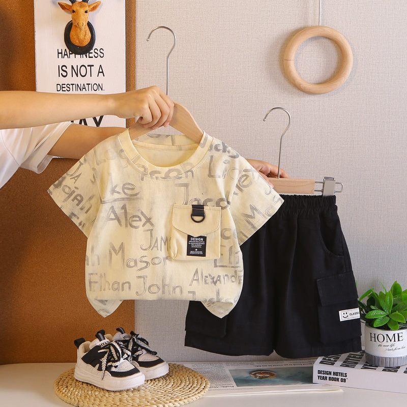 Boys' Summer Outfit 2026 New Korean Style Short Sleeve Casual Two-Piece Set with English Pocket for Toddlers