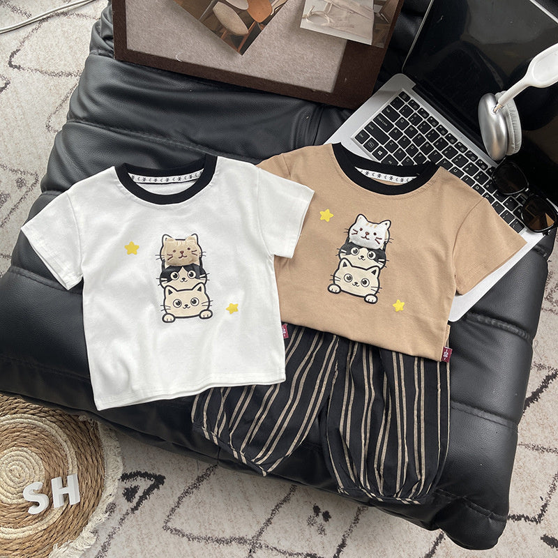 Boys' Summer Outfit Cartoon Kitten Short Sleeve 2026 New Fashionable Children's Baby Striped Shorts Two-Piece Set Trendy