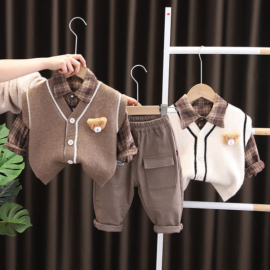 Clothing Spring and Autumn New Children's Knitted Sweater Vest Cardigan Three-piece Boy Girl Baby Cartoon Shirt Set