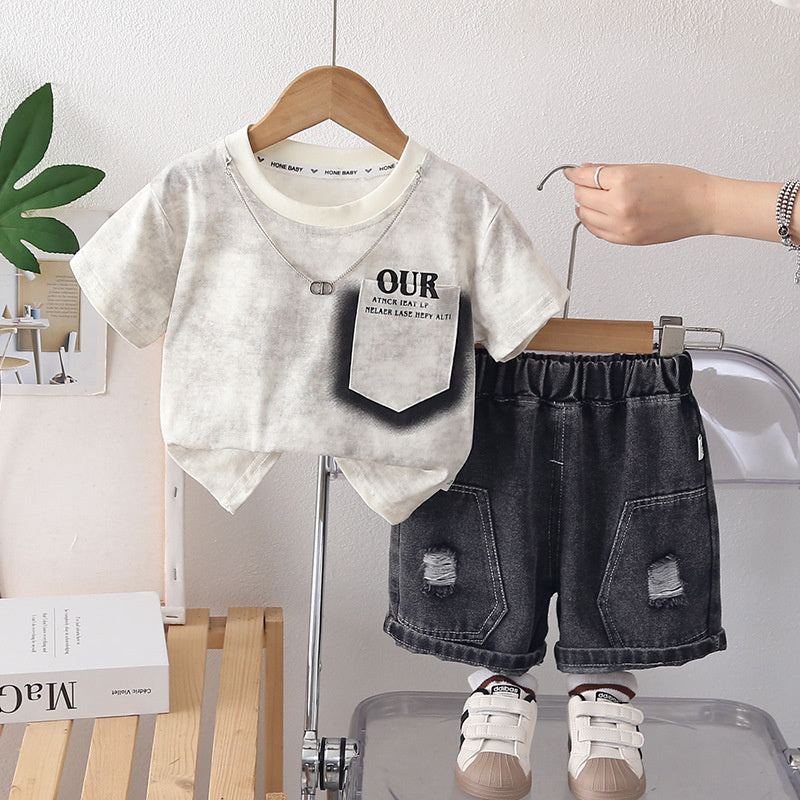 Boys' outfit, Korean style clothes for 1-5 year old boys, casual summer wear with pockets, short-sleeved two-piece set, trendy