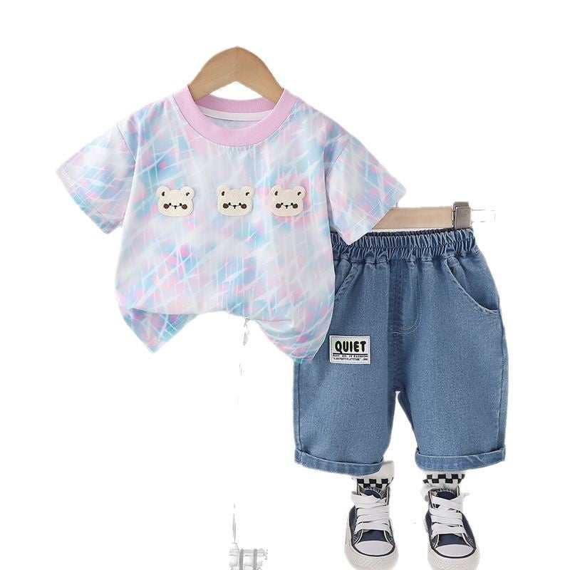 Baby Outfit: Infant Three Little Bears Short Sleeve Two-Piece Set, Boys' Summer Clothing, New 2025 Model for Infants and Toddlers, Dropshipping Available