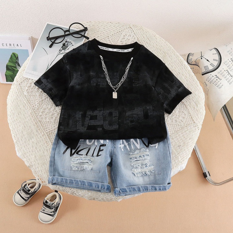 Boys' Summer Outfit 2026 New Baby Chain Hole Letter Short Sleeve Two-Piece Set Infant Clothes