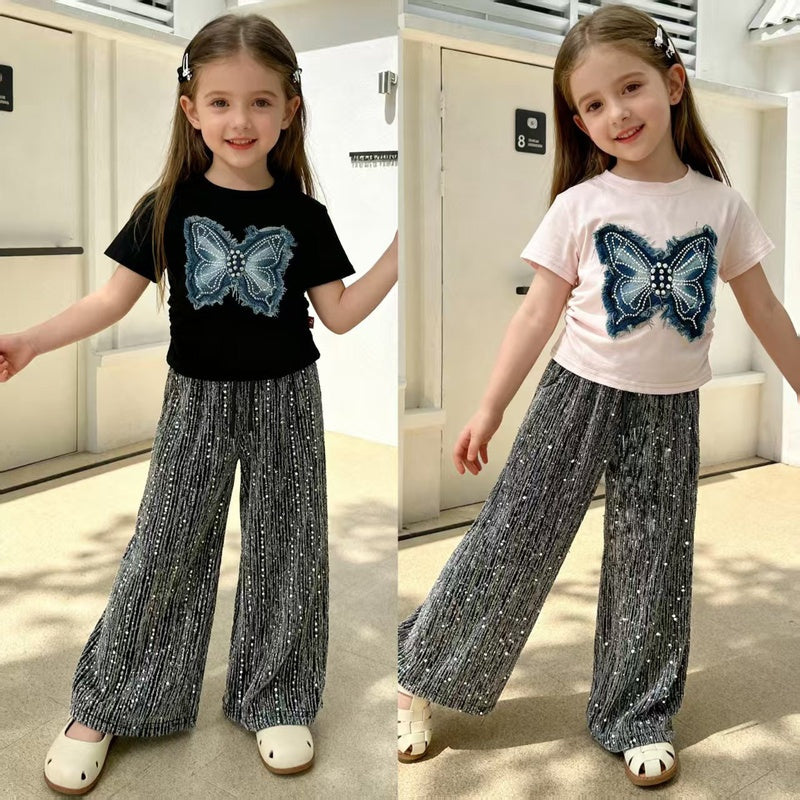 Girls' Outfit 2026 New Fashionable Children's Stylish Baby Girl Summer Dress with Butterfly Rhinestone Short Sleeve Two-Piece Set