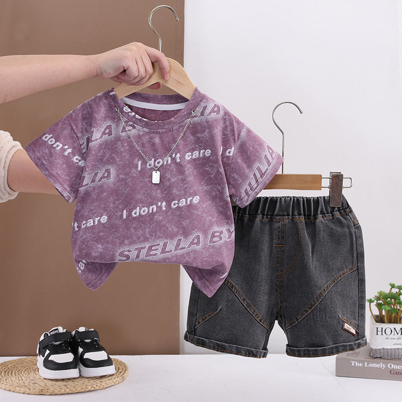 Baby children's clothing summer set, 2026 new stylish clothes for infants and toddlers, boys' two-piece short-sleeve set with letter necklace