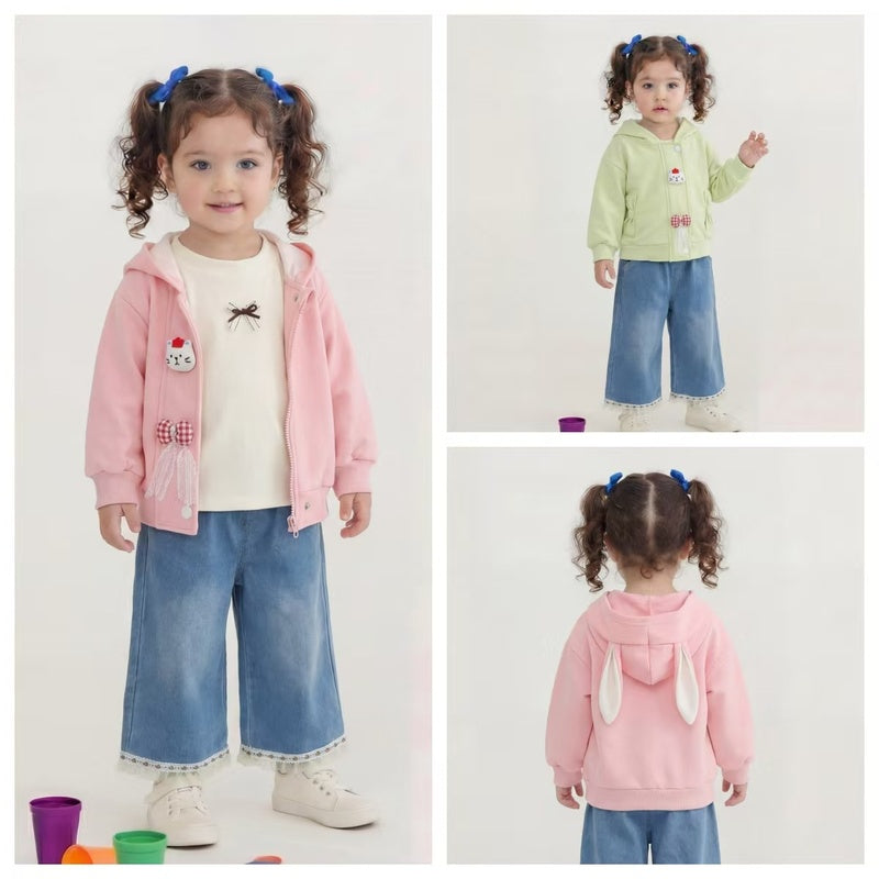 Girls' Spring Outfit 2026 New Fashionable Children's Crown Cat Three-Piece Set Little Girl Clothes Baby Coat