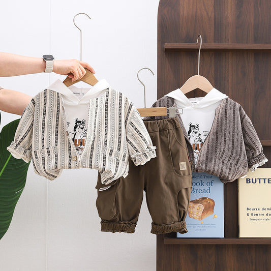 Boys' Outfit 2026 New Style Baby Boy Infant Children's Spring and Autumn Stylish Vertical Stripe Hooded Bear Cardigan Three-Piece Set