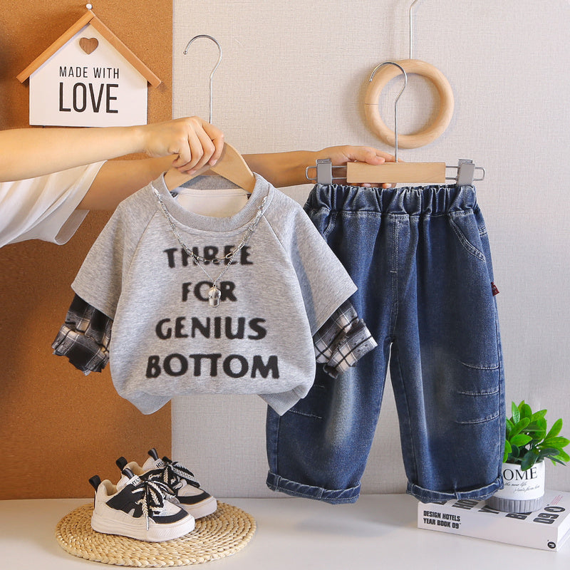 Boys' necklace-studded sweatshirt stylish outfit for toddlers, spring autumn two-piece set, trendy baby and toddler clothing